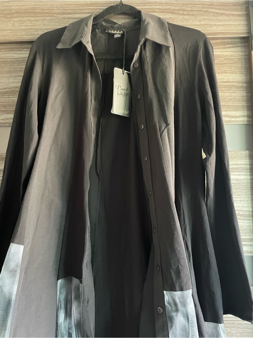 LUUKAA Black Mixed Media Boho Asymmetrical Button Front Tunic Jacket Dress - Picture 6 of 9